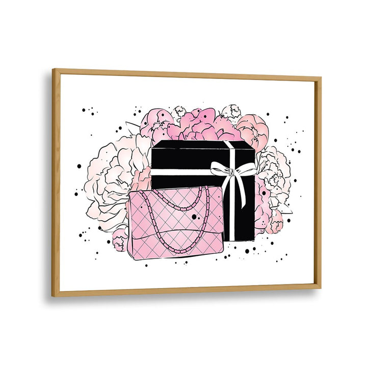 Elegant HANDBAG PEONIES, FASHION POSTERS by Martina, featuring chic designs and floral artistry in a wooden frame.