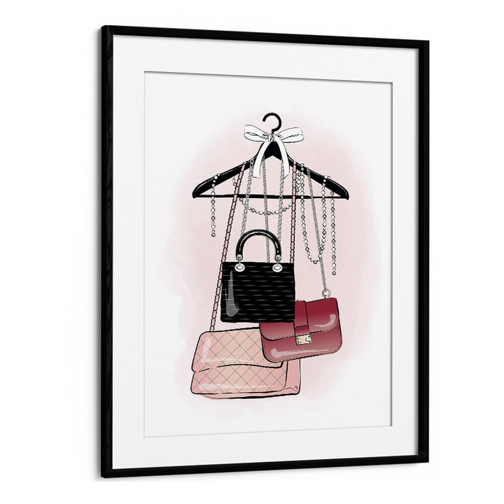 Stylish HANDGAG STOCK, FASHION POSTERS by Martina Fashion Paintings featuring elegant handbags in a chic black frame.