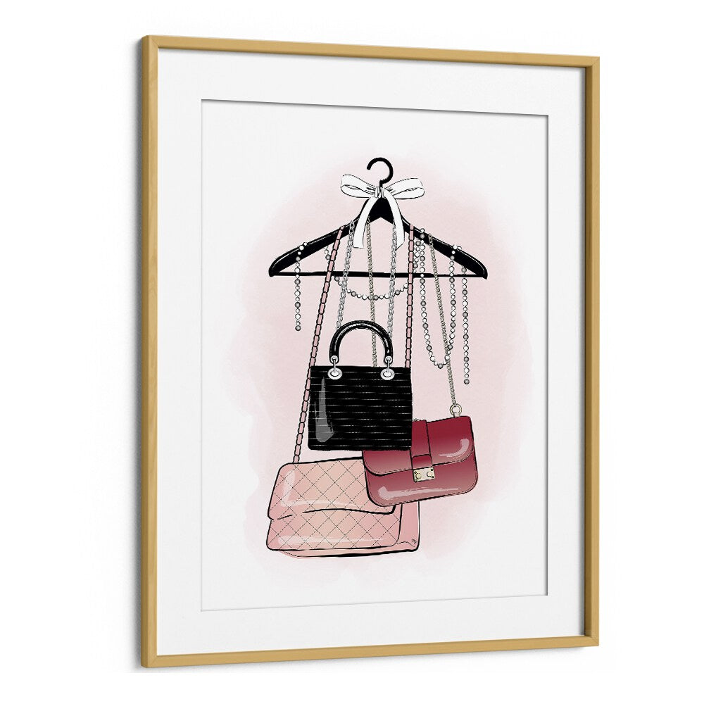 Stunning HANDBAG STOCK, FASHION POSTERS by Martina Fashion Paintings in an elegant oak frame for stylish decor.