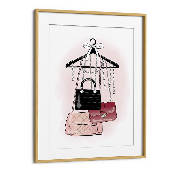 Stunning HANDBAG STOCK, FASHION POSTERS by Martina Fashion Paintings in an elegant oak frame for stylish decor.