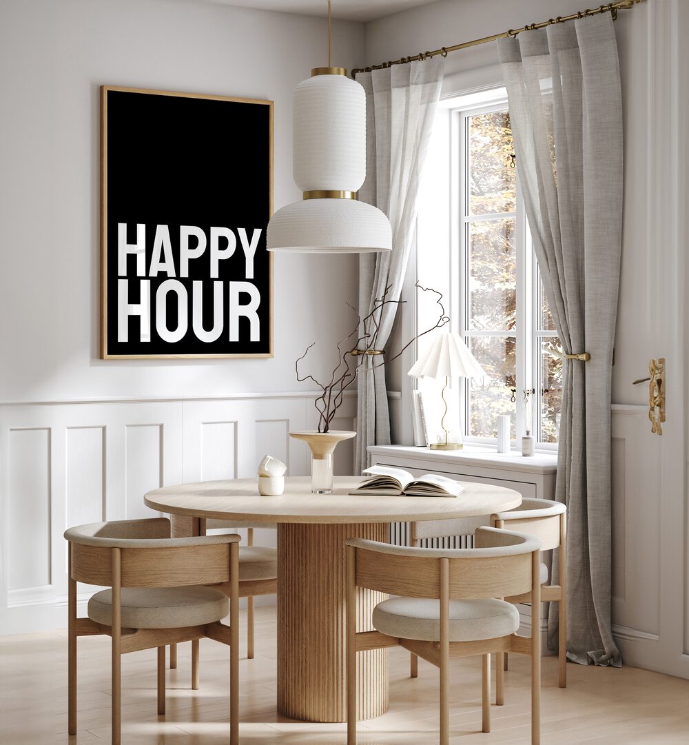 Stylish dining area featuring "HAPPY HOUR, QUOTES" poster by Athene Fritsch, perfect for inspiring decor.