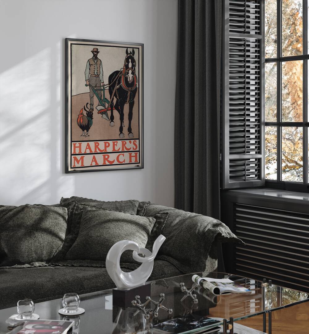Harpers March Man With Rooster And Horse 1890-1907 Vintage Paintings in Black Plain Frame placed on a living room wall behind a sofa and beside a window