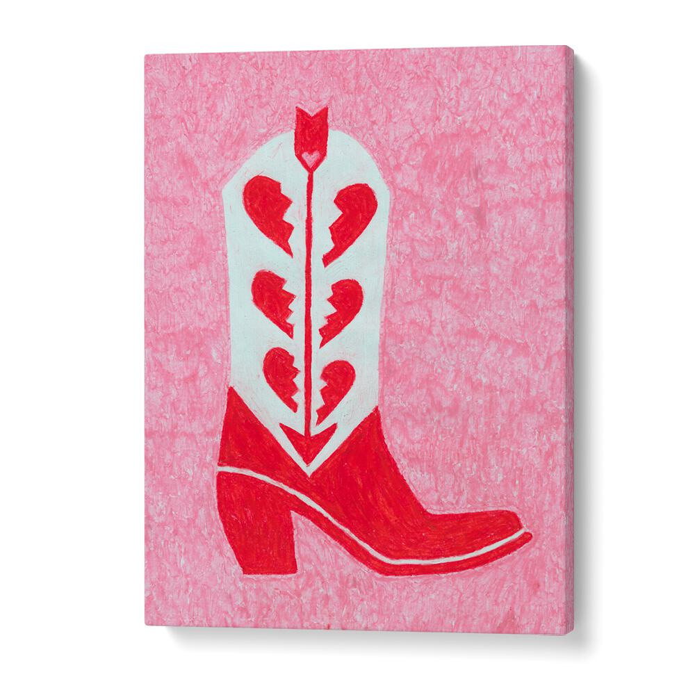 Bright pink HEARTBREAK HEELS fashion poster showcasing stylish boots, perfect for trendsetters seeking unique decor.