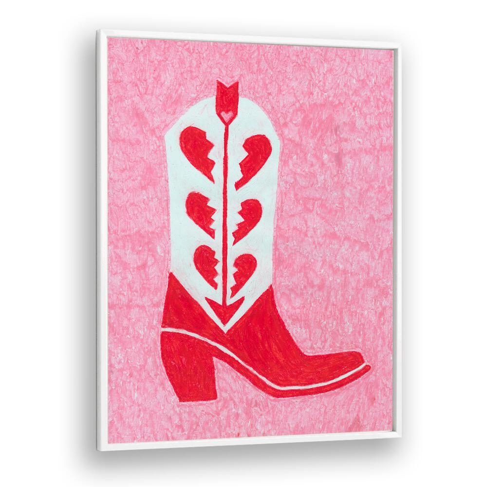 Stylish HEARTBREAK HEELS fashion poster featuring a unique red and white boot design on a pink background.