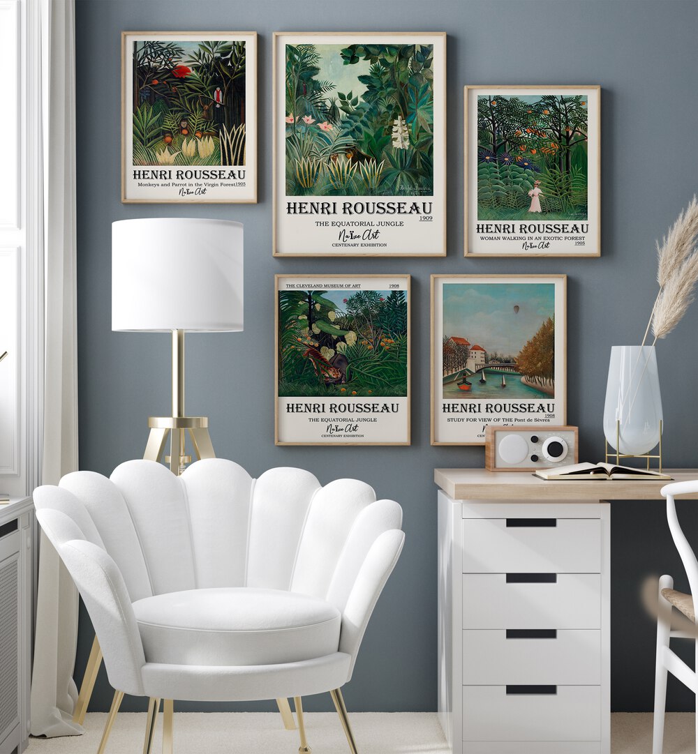 Enhance your space with the HENRI ROUSSEAU GALLERY WALL, featuring stunning artwork that brings nature indoors.