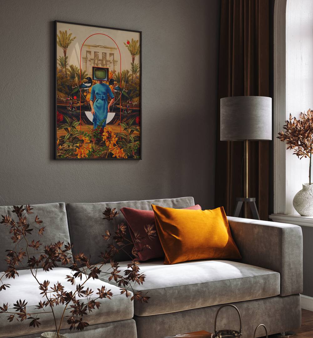 Stylish living room featuring HER ASYMMETRIES, SURREAL ART PRINTS by Frank Moth, enhancing creative home decor.