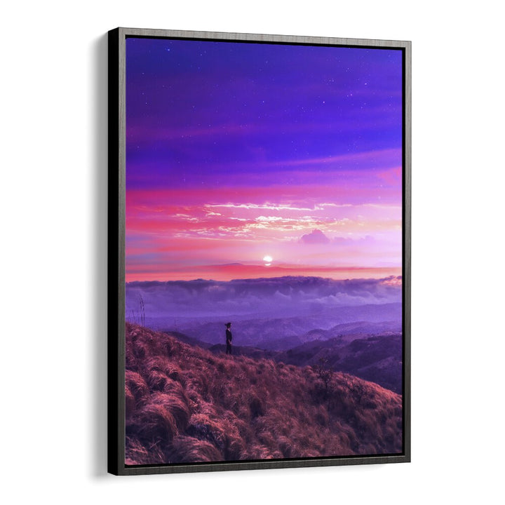 Stunning sunset landscape featuring the "HIKE BY, SURREAL ART PRINTS" by Ritvik Takkar for a captivating space.
