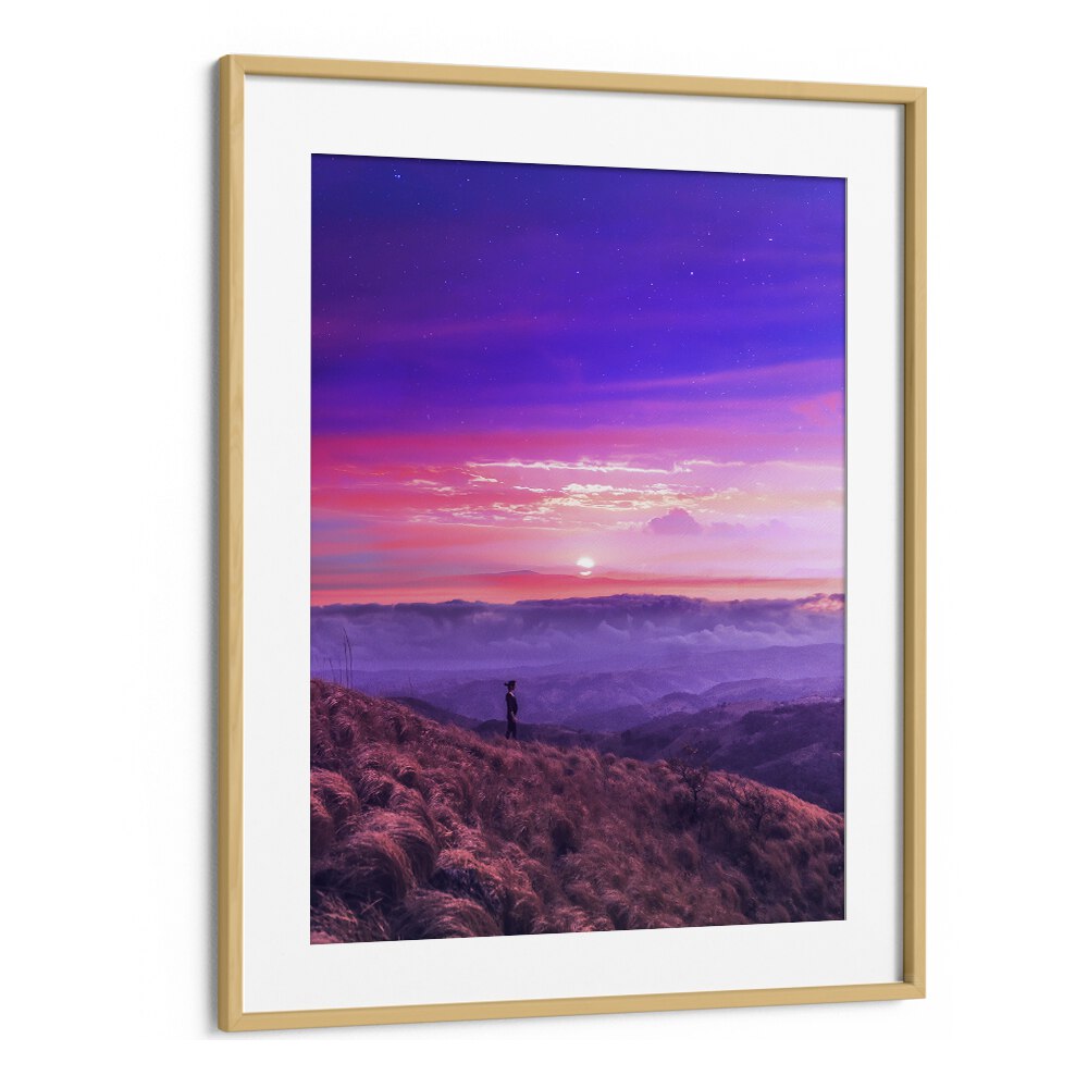 Vibrant sunset view with a figure standing on a hill, featuring HIKE BY , SURREAL ART PRINTS by Ritvik Takkar.