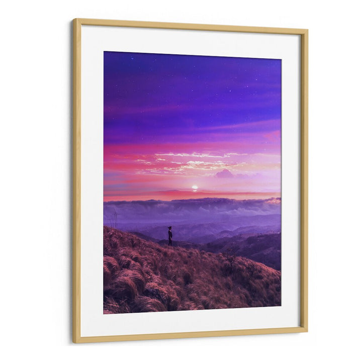 Vibrant sunset view with a figure standing on a hill, featuring HIKE BY , SURREAL ART PRINTS by Ritvik Takkar.