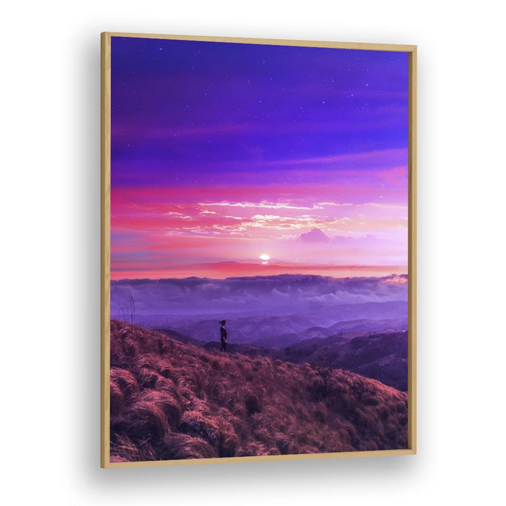 Stunning sunset view from a hilltop, showcasing HIKE BY , SURREAL ART PRINTS by Ritvik Takkar for your space.