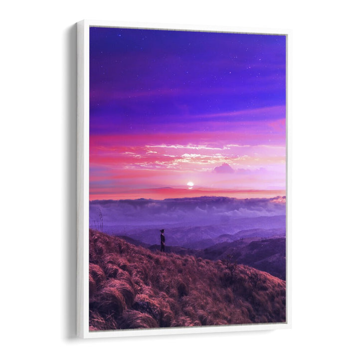 Surreal landscape of a sunset with a figure, showcasing HIKE BY, SURREAL ART PRINTS by Ritvik Takkar.