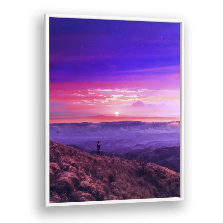 Stunning sunset view with a lone figure, featuring HIKE BY, SURREAL ART PRINTS by Ritvik Takkar for your home decor.