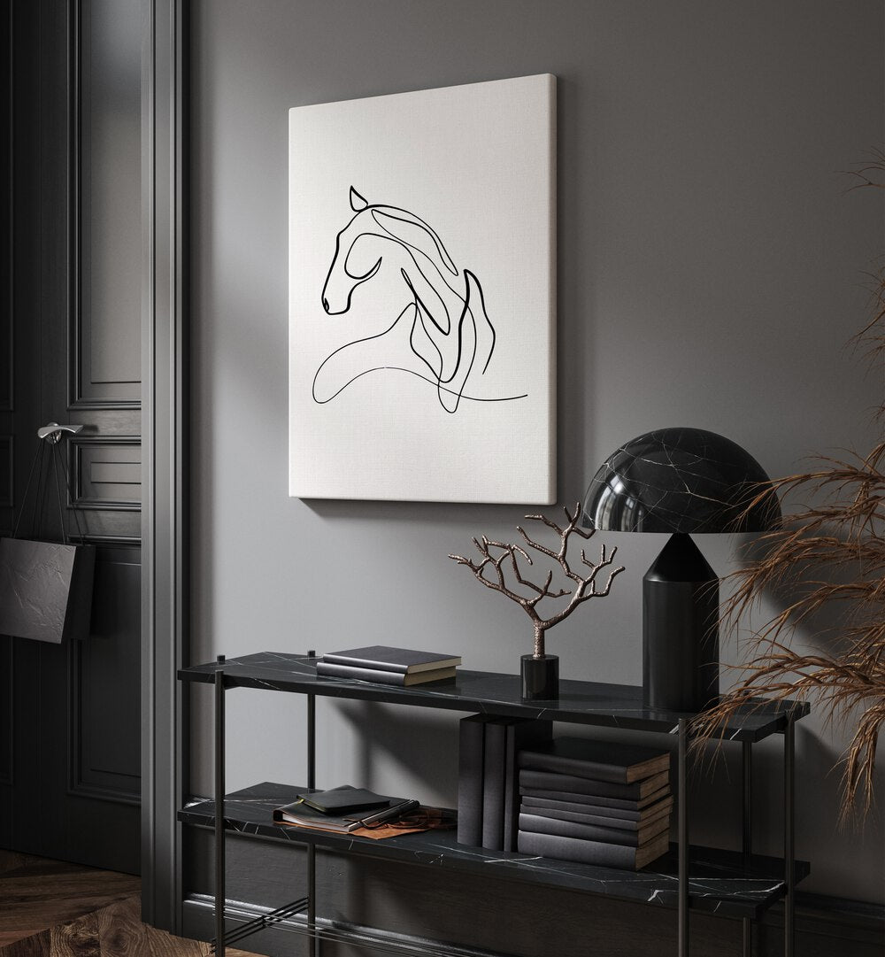 Elegant HORSE AT REST, LINE ART PAINTINGS showcasing serene beauty through minimalist line art design. Perfect for any space.