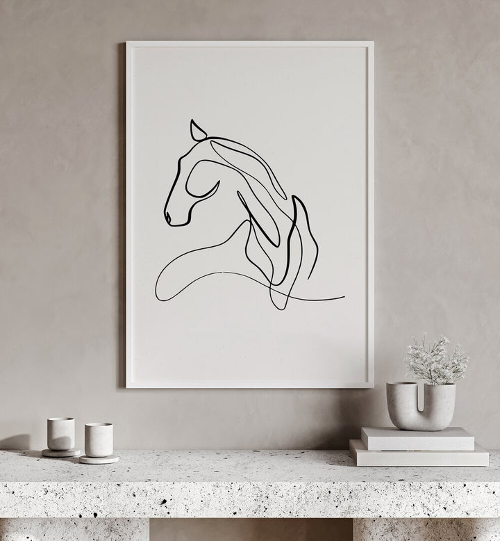 Elegant HORSE AT REST, LINE ART PAINTINGS capture serene beauty in minimalist style, perfect for any decor.