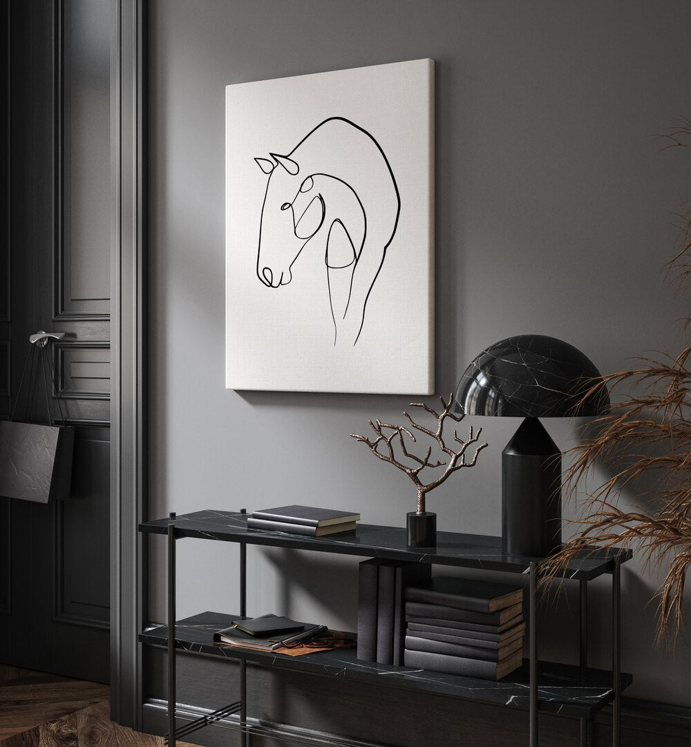 Elegant HORSE STABLE, LINE ART PAINTINGS adorn a modern space, showcasing equestrian beauty through minimalist design.