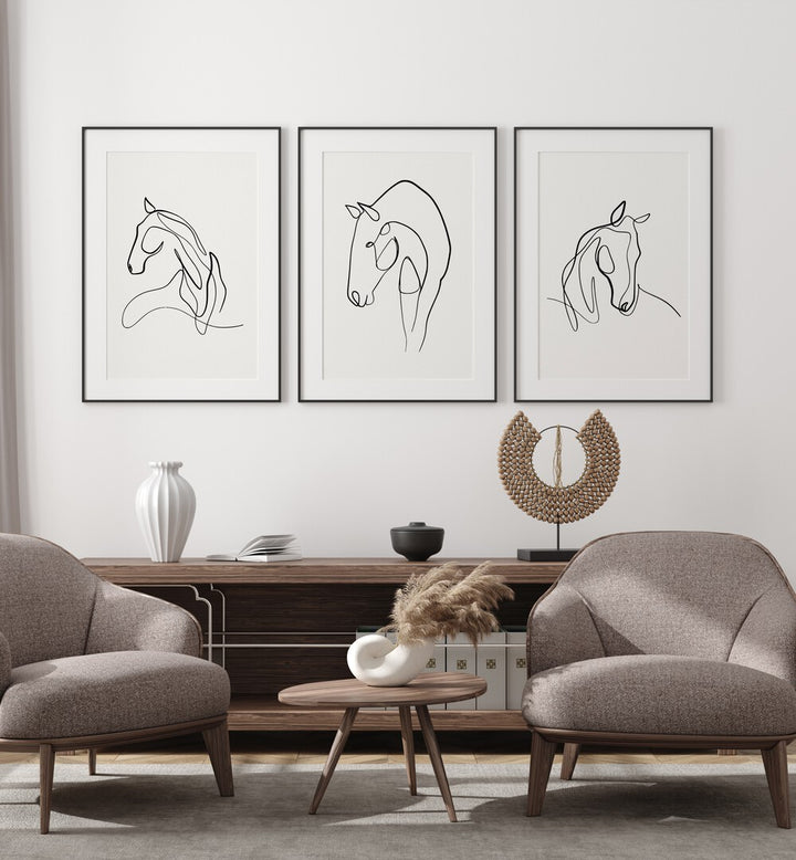 Elegant HORSES LINE ART SET, SET OF 3 PAINTINGS from Asianmonk, perfect for modern living spaces.