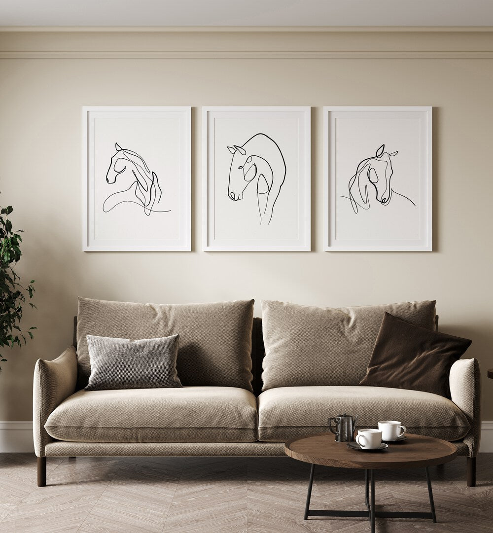 Elegant HORSES LINE ART SET, SET OF 3 PAINTINGS by Asianmonk, showcasing minimalist line drawings of horses.