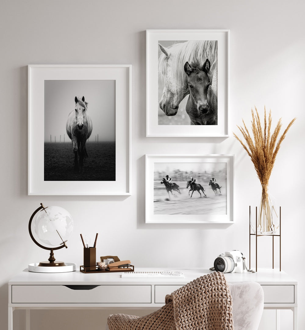 Stunning BLACK & WHITE HORSES GALLERY WALL art, perfect for horse lovers’ decor, showcasing majestic black and white prints.