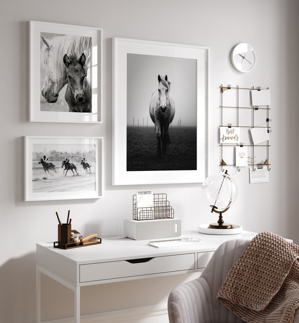 Stylish BLACK & WHITE HORSES GALLERY WALL art adds elegance to any horse lover's home decor. Perfect for gallery walls.