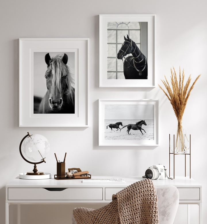 Sophisticated HORSES GALLERY WALL featuring stunning framed horse prints, perfect for stylish GALLERY WALLS in any workspace.