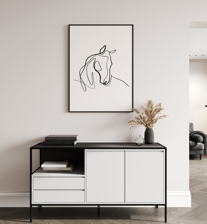 Elegant HORSING AROUND, LINE ART PAINTINGS adorn a modern space, showcasing minimalist design with a captivating horse outline.