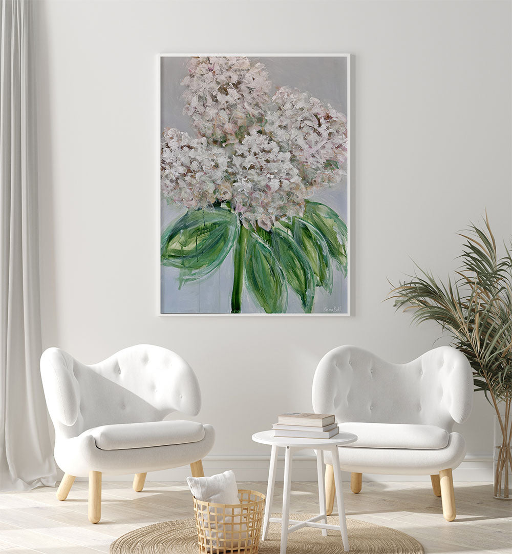 Elegant WHITE HYDRANGEA BLOOM, FLORAL FLOWER PAINTINGS, perfect for enhancing home decor with nature's beauty.