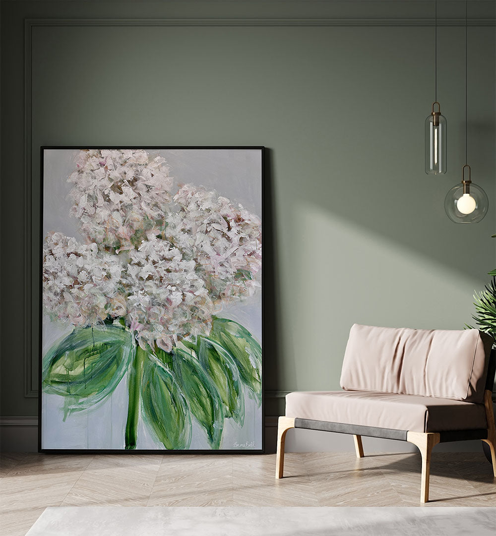 Elegant WHITE HYDRANGEA BLOOM, FLORAL FLOWER PAINTINGS enhance home decor with abstract floral beauty.