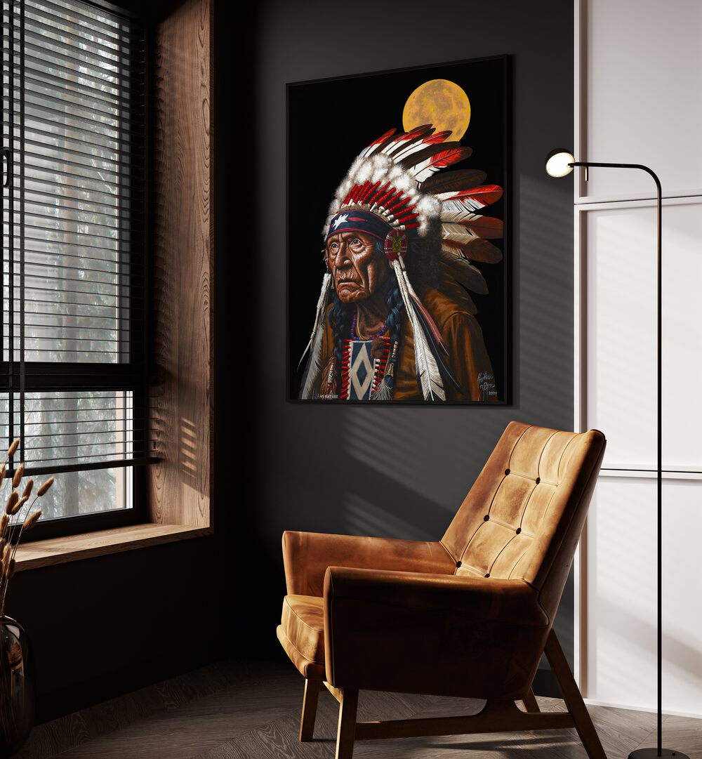 Stunning artwork "I AM NATURE, COWBOY" by Christian Beijer, showcasing a powerful Red Indian portrait.