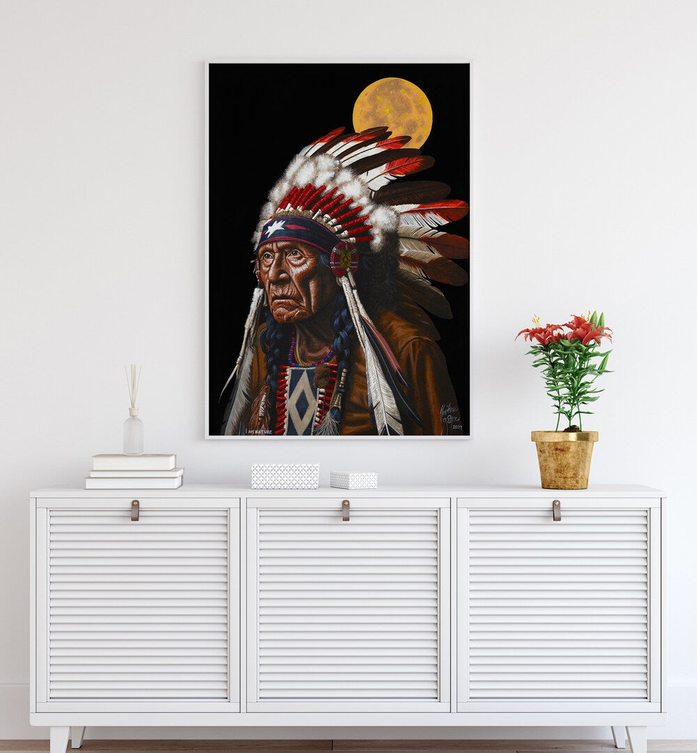 Captivating I AM NATURE, COWBOY artwork by Christian Beijer featuring a Native American chief in vibrant colors.