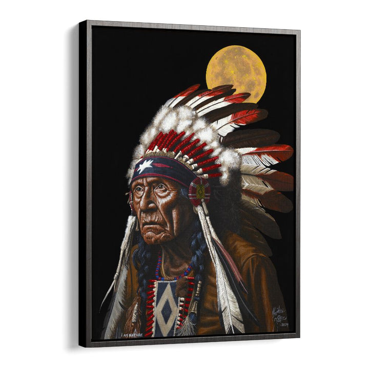 Stunning artwork "I AM NATURE, COWBOY" by Christian Beijer, featuring a proud Native American figure and full moon.