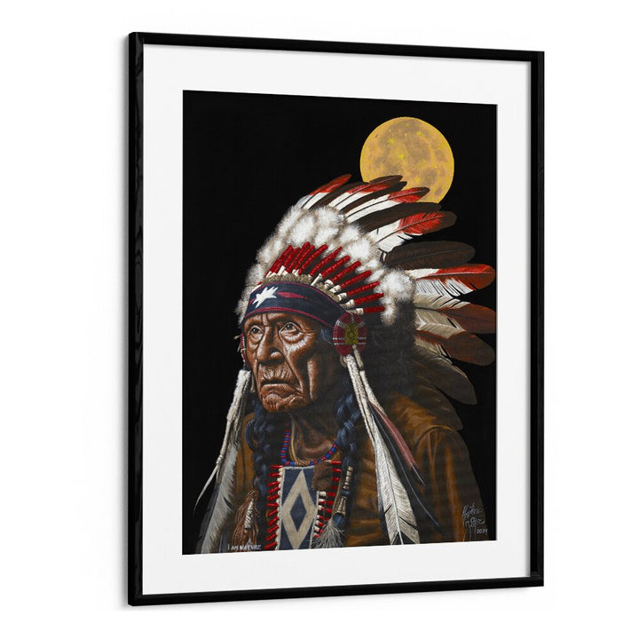 Captivating I AM NATURE, COWBOY artwork by Christian Beijer, featuring a Native American chief against a moonlit backdrop.