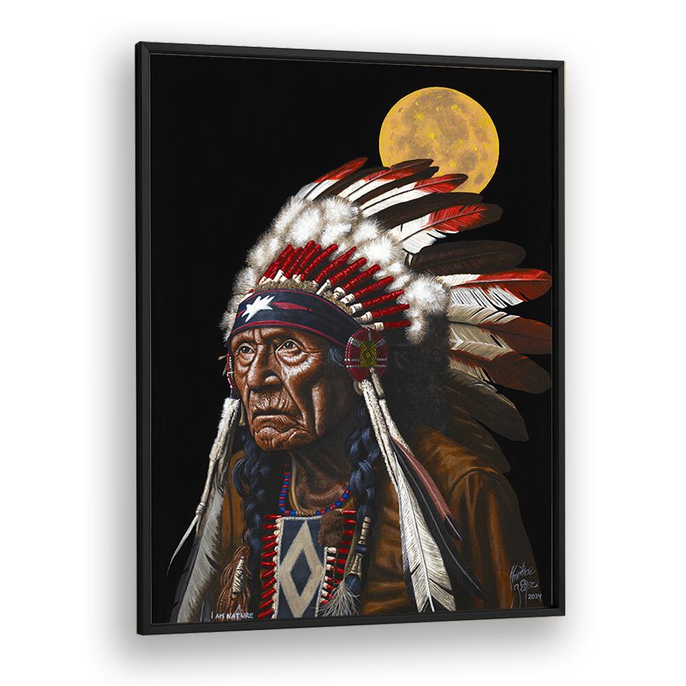 Stunning artwork "I AM NATURE, COWBOY" by Christian Beijer, featuring a proud Native American chief against the moon.
