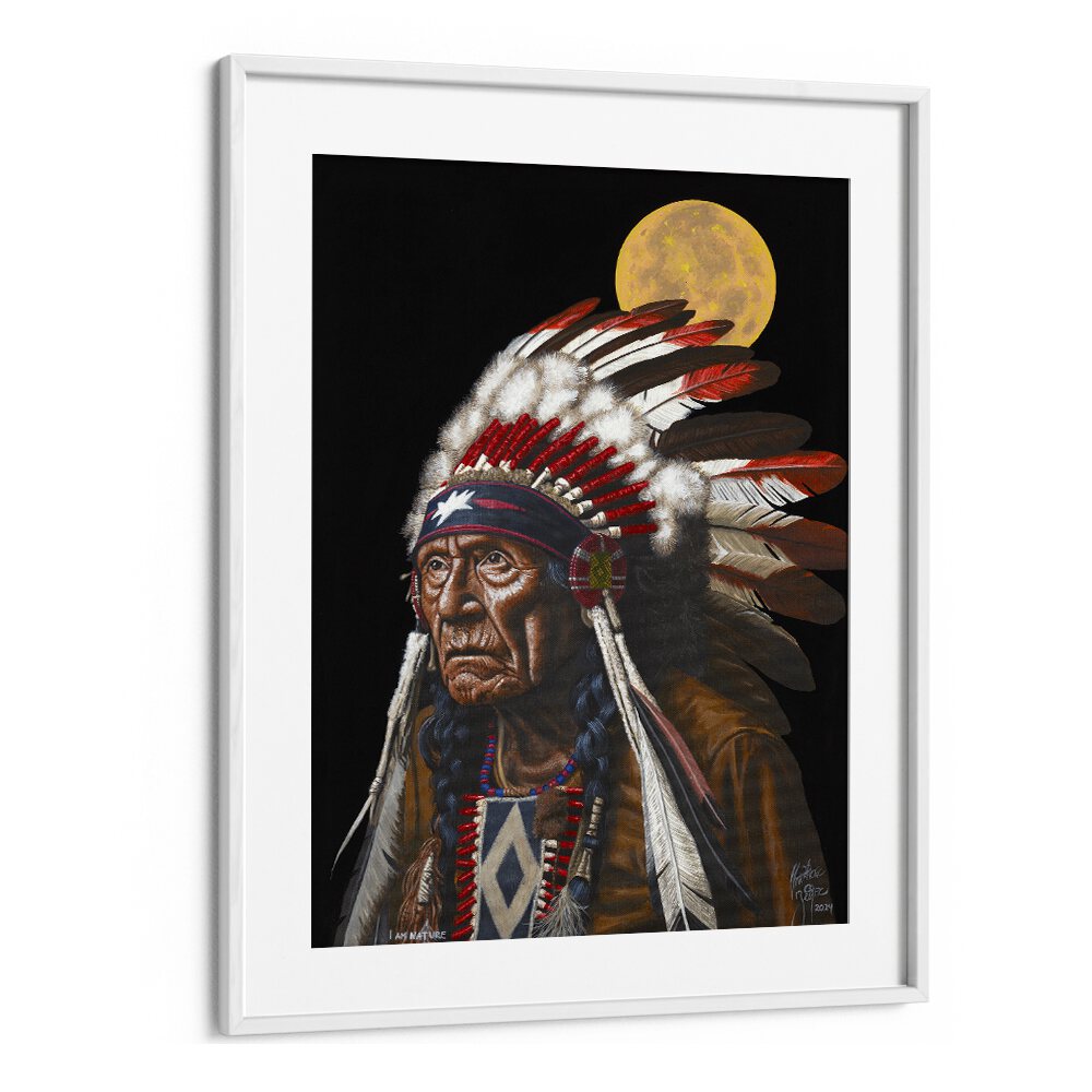 Stunning artwork "I AM NATURE, COWBOY" by Christian Beijer, featuring a wise Native American chief with a full moon.
