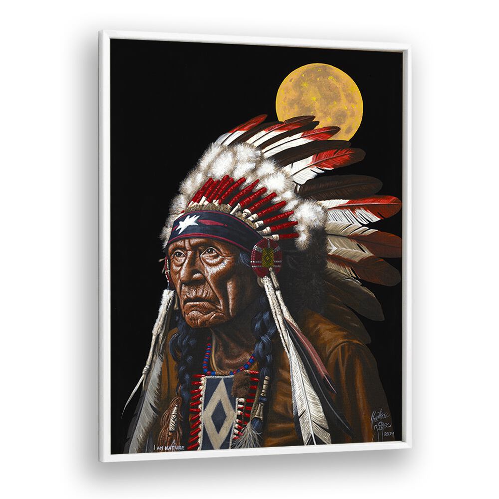 Stunning artwork "I AM NATURE, COWBOY" by Christian Beijer, featuring a Native American chief against a moonlit backdrop.