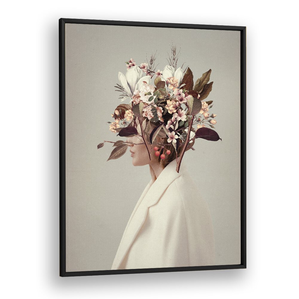 Surreal art print "I FELL IN LOVE," featuring a floral headpiece, captures autumn's enchanting allure by Frank Moth.