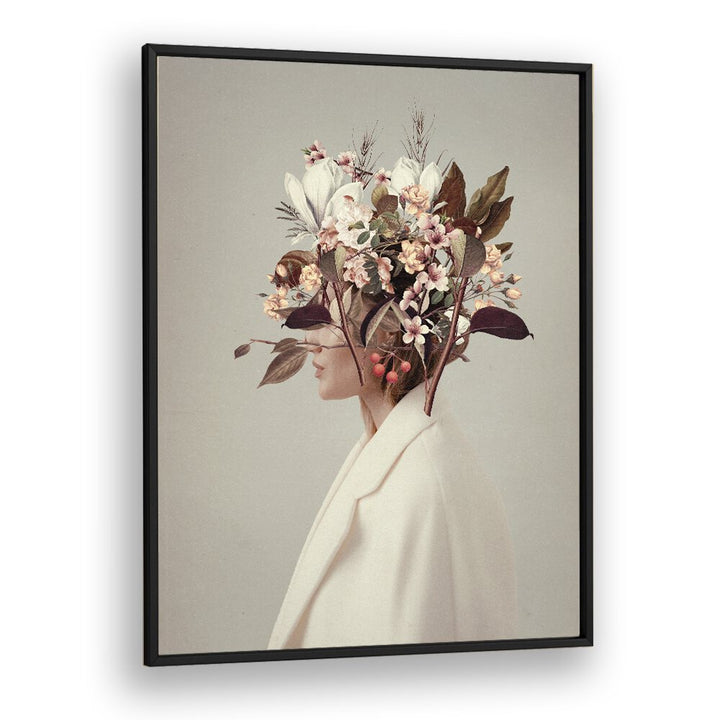 Surreal art print "I FELL IN LOVE," featuring a floral headpiece, captures autumn's enchanting allure by Frank Moth.