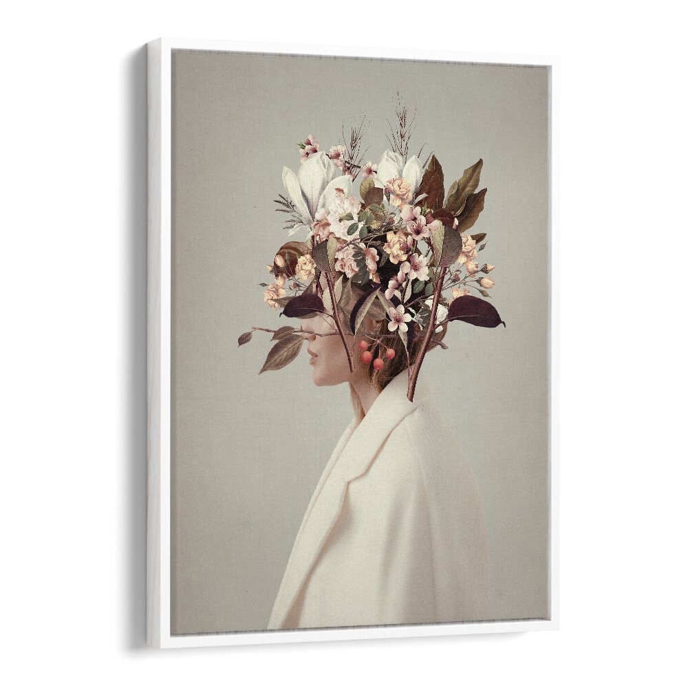 Surreal art print "I FELL IN LOVE" by Frank Moth, showcasing a floral headpiece and autumn allure. Perfect for decor.