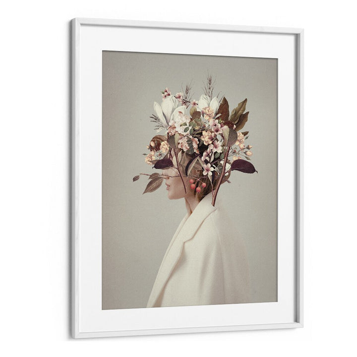 Surreal art print "I FELL IN LOVE," showcasing floral headpiece by Frank Moth, captures autumn's enchanting allure.