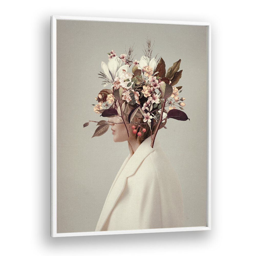 Surreal art print "I FELL IN LOVE" features a floral-haired figure celebrating autumn's enchanting beauty.