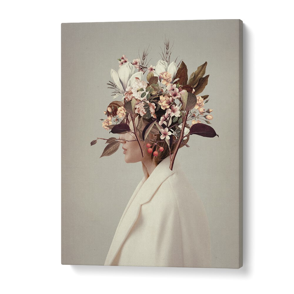 Surreal art print "I FELL IN LOVE," featuring a floral headpiece by Frank Moth, captures autumn's enchanting allure.