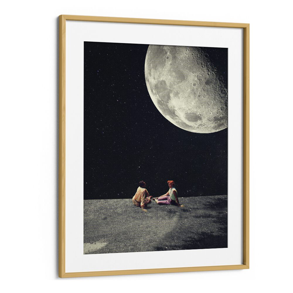 Surreal art print "MOON FOR A SMILE, FANTASY" by Frank Moth, featuring a giant moon and two friends stargazing.