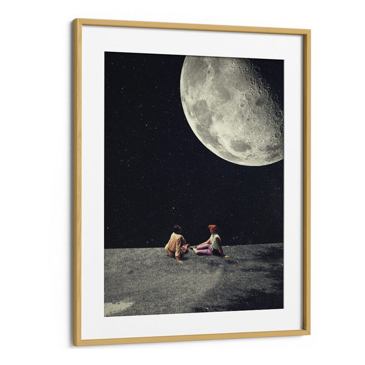 Surreal art print "MOON FOR A SMILE, FANTASY" by Frank Moth, featuring a giant moon and two friends stargazing.