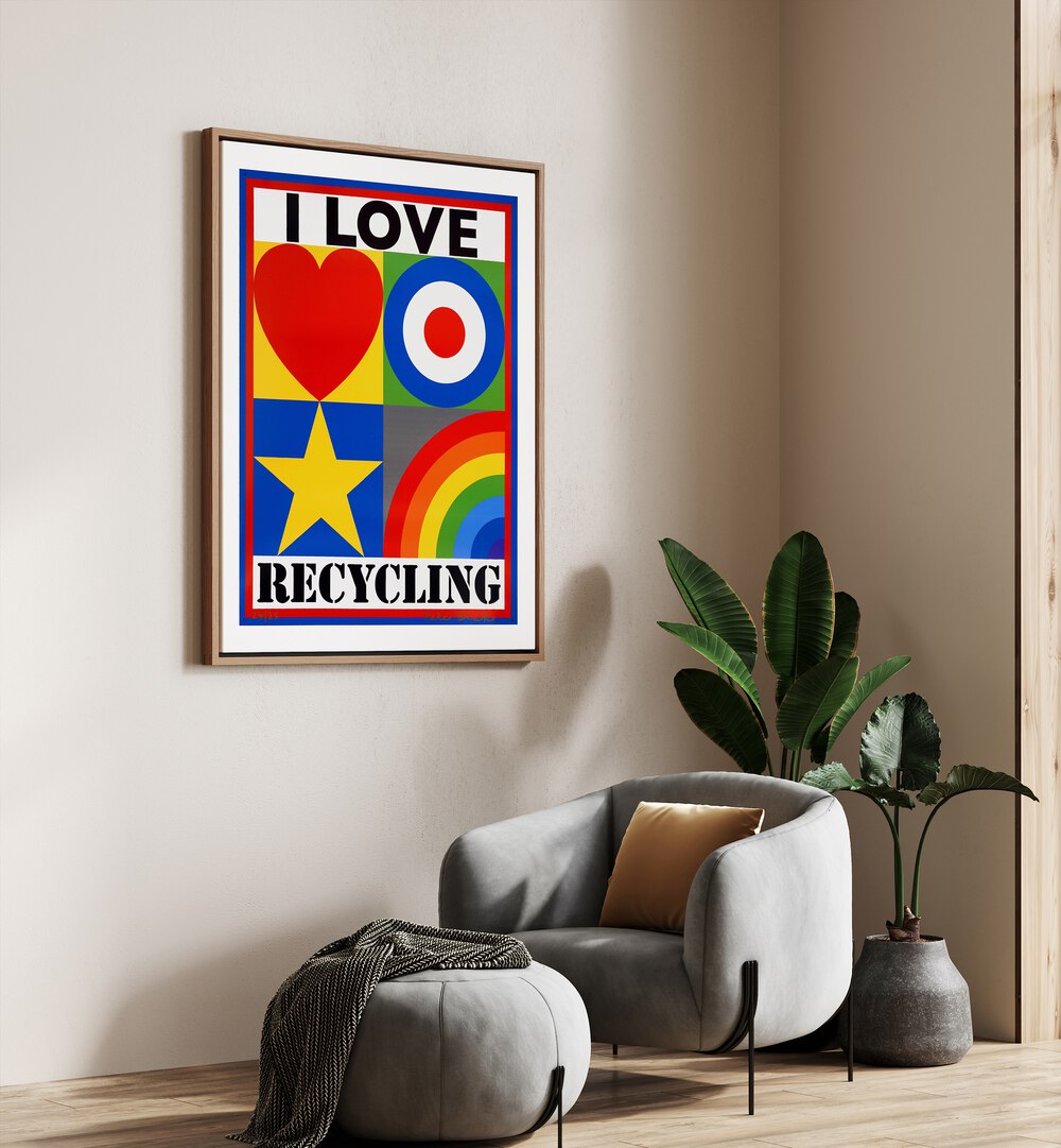 Colorful "I LOVE RECYCLING, QUOTES" poster brightening up a modern living space, perfect for eco-conscious decor.