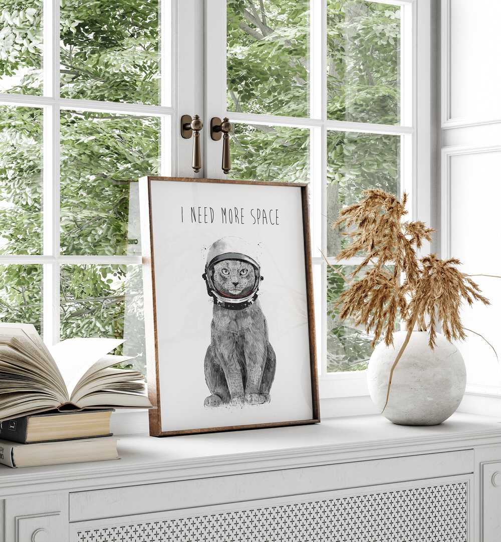 Whimsical cat in astronaut helmet with "I Need More Space" quote, perfect for your I NEED MORE SPACE, FANTASY decor.