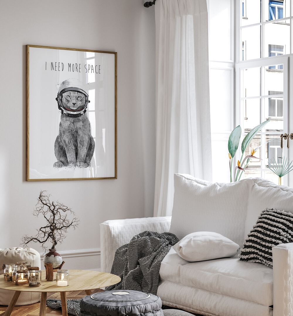 Whimsical cat in astronaut helmet declaring "I Need More Space" in this captivating fantasy poster by Balazs Solti.