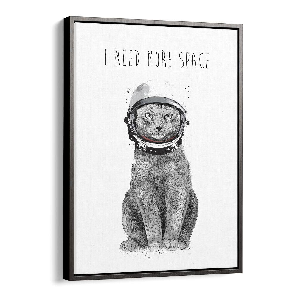 Whimsical cat in astronaut helmet with "I Need More Space" text, perfect for fantasy lovers. Balazs Solti artwork.