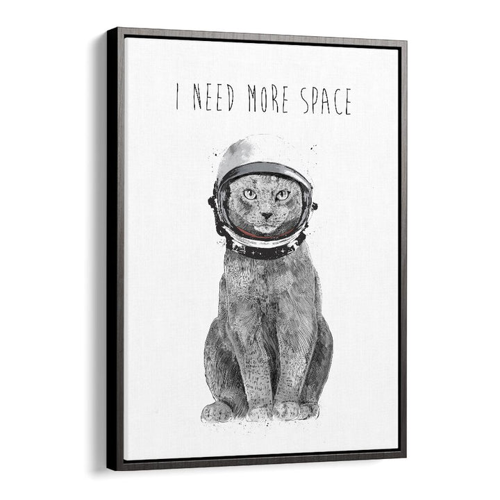 Whimsical cat in astronaut helmet with "I Need More Space" text, perfect for fantasy lovers. Balazs Solti artwork.