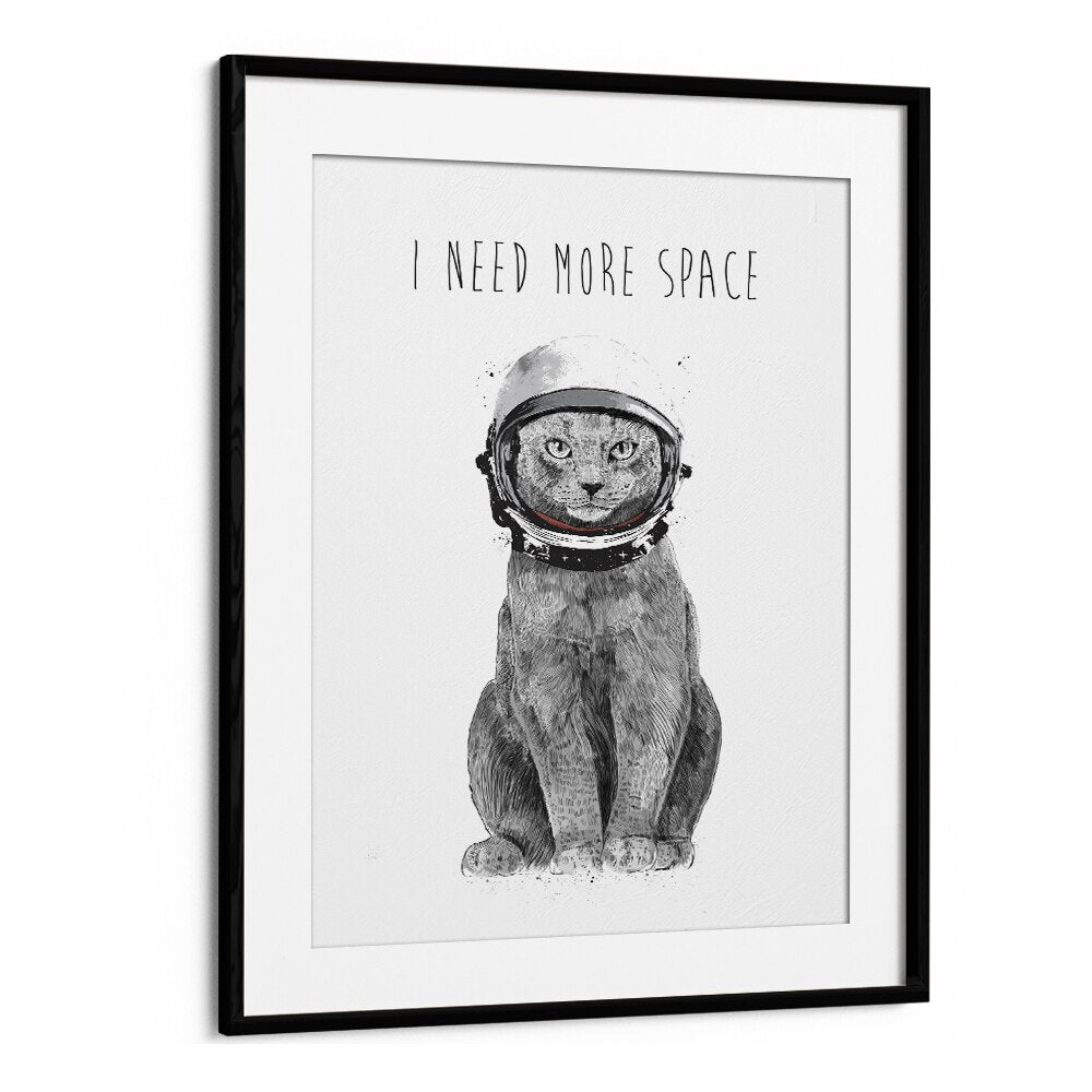 Whimsical cat in an astronaut helmet, featuring "I NEED MORE SPACE, FANTASY" from Balazs Solti's unique art collection.