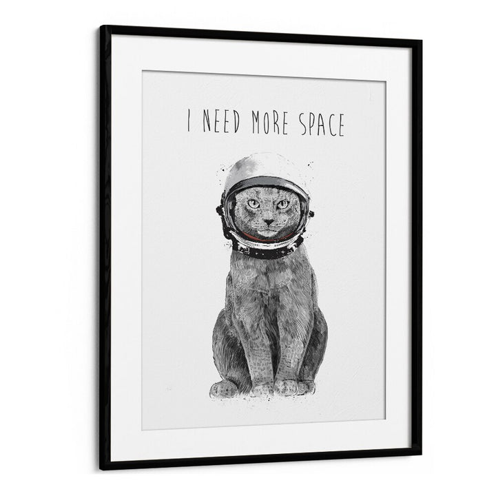 Whimsical cat in an astronaut helmet, featuring "I NEED MORE SPACE, FANTASY" from Balazs Solti's unique art collection.