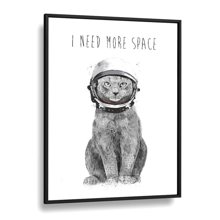 Whimsical cat in astronaut helmet art print, "I NEED MORE SPACE , FANTASY," by Balazs Solti for unique decor.